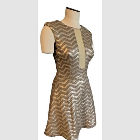 BEBE Frosty Zig-Zag Sequin Sleeveless Flare Party Dress Sz S Gold #167D - Picture 4 of 14